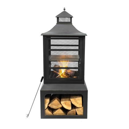 DEKO LIVING 26 Inch Square Outdoor Steel Wood Burning Fireplace w/ Cooking Grill, Log Storage COB10507